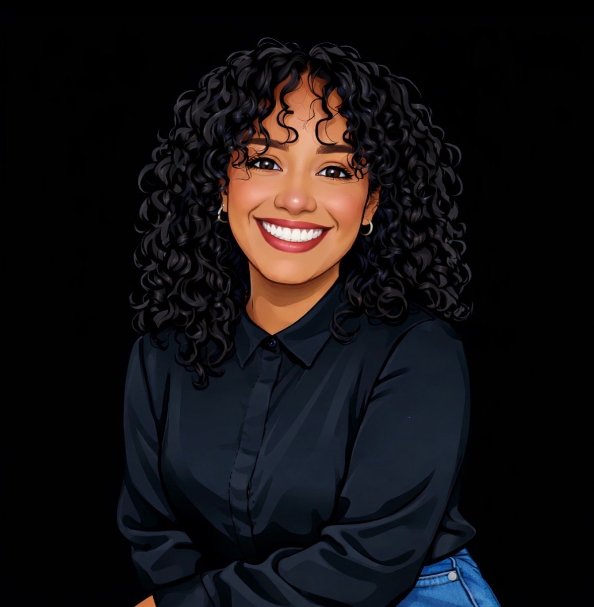 Jessenia Leaphart smiling, with curly hair and a black blouse