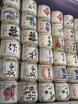 Stacked sake barrels at a shrine in Tokyo
